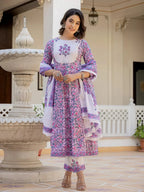 Yufta Lavender Ethnic Motifs Cotton Dupatta Set | Grocsy