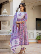 Yufta Lavender Ethnic Motifs Cotton Dupatta Set | Grocsy