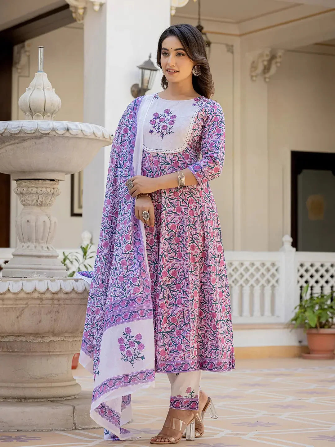 Yufta Lavender Ethnic Motifs Cotton Dupatta Set | Grocsy