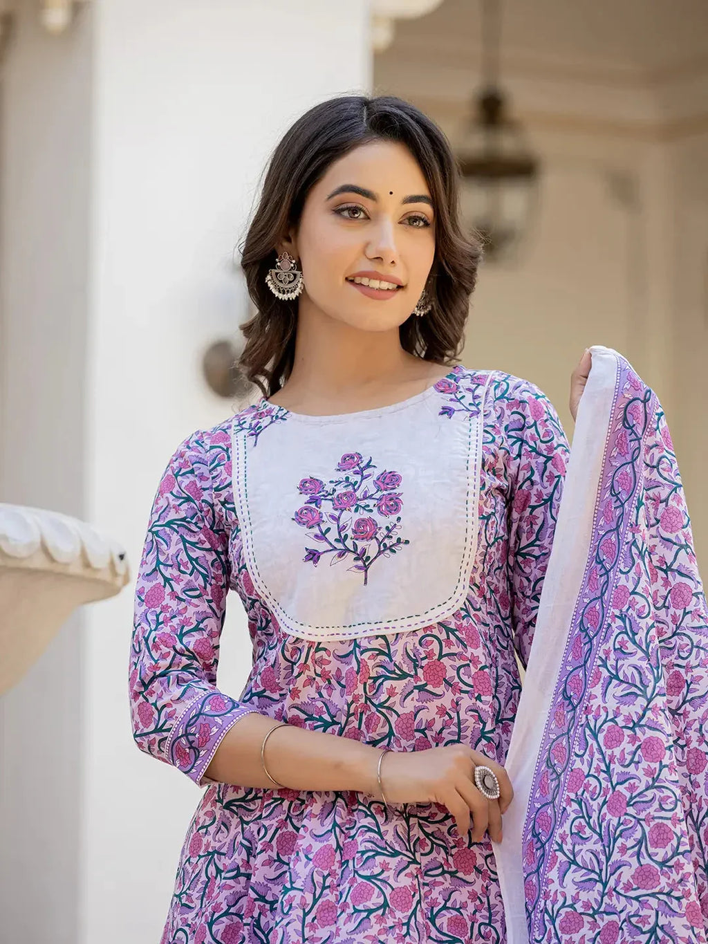 Yufta Lavender Ethnic Motifs Cotton Dupatta Set | Grocsy