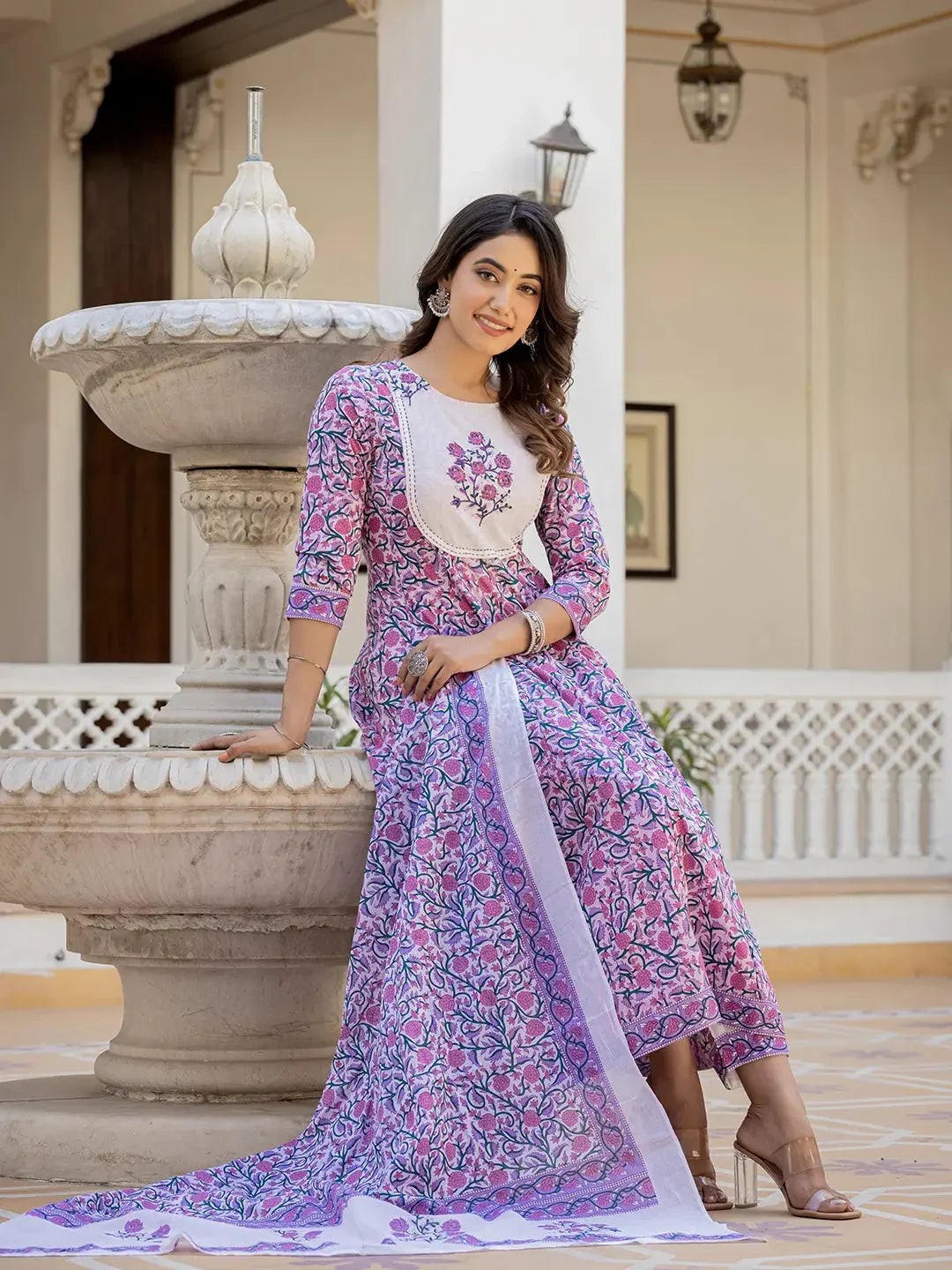 Yufta Lavender Ethnic Motifs Cotton Dupatta Set | Grocsy