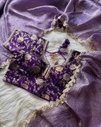 Lorenvalley Fashion Premium Lavender Tissue Crush Saree with Jacquard Weaving Stitched Blouse | Grocsy