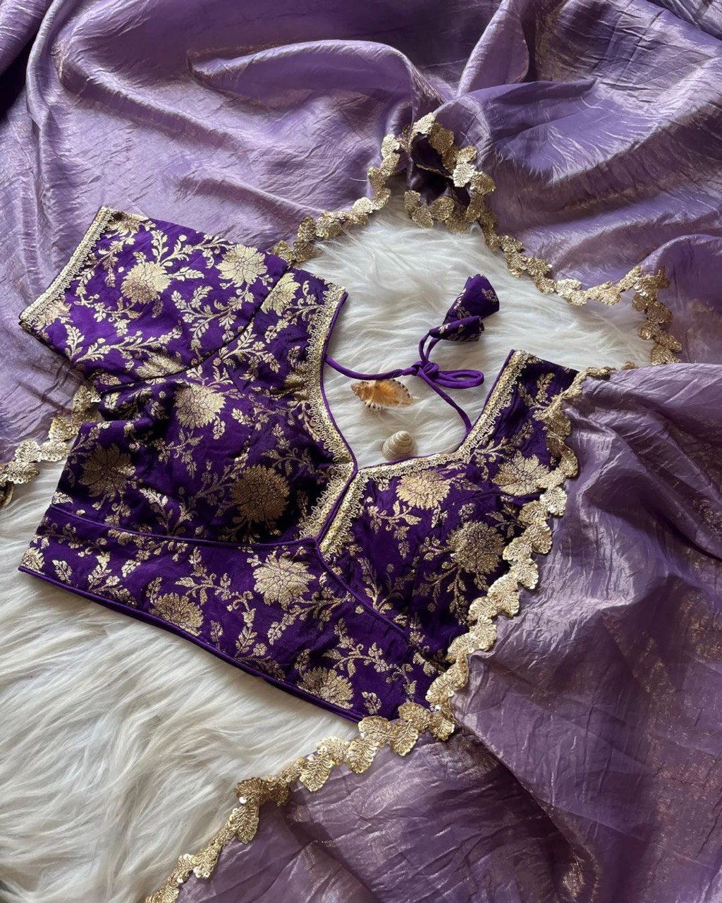 Lorenvalley Fashion Premium Lavender Tissue Crush Saree with Jacquard Weaving Stitched Blouse | Grocsy