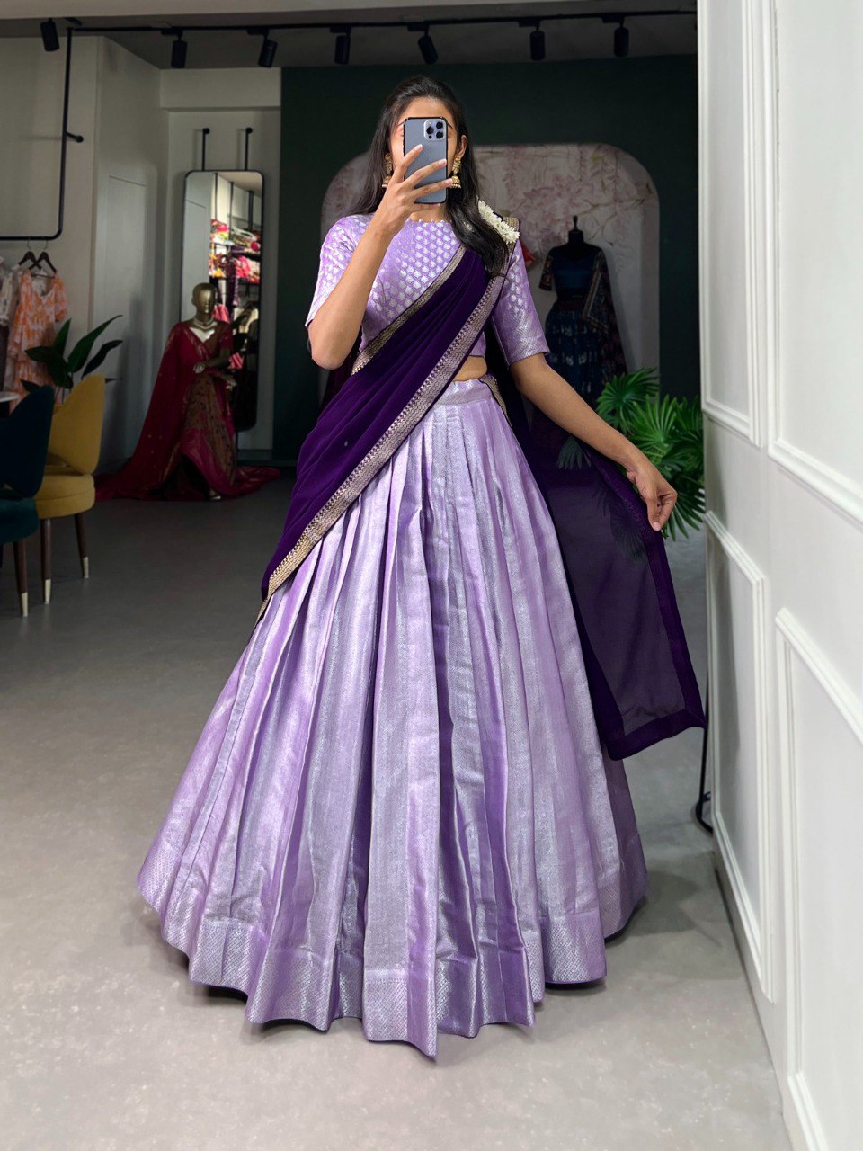 Lorenvalley Lavender Jacquard Silk Weaving Work Lehenga Choli with Dupatta | Grocsy