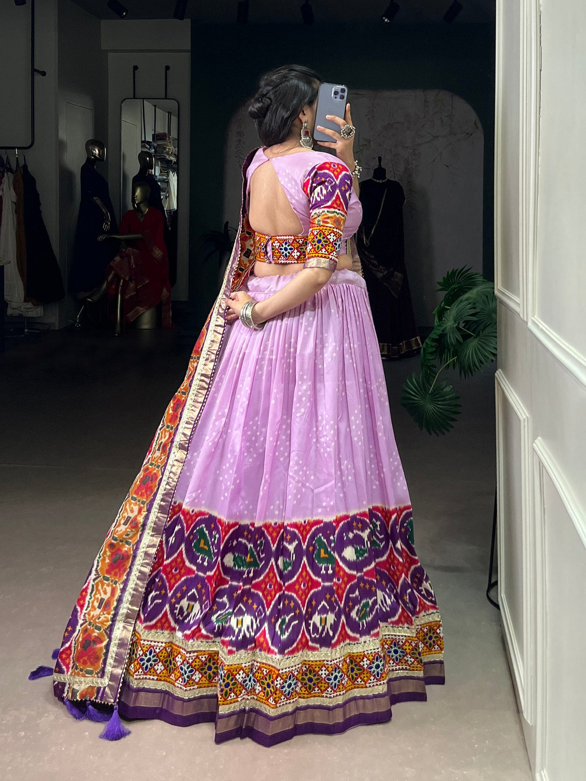 Lorenvalley Fashion Lavender Tasar Silk Print with Foil Work and Real Mirror Gamthi Work with Lace Touch Up Lehenga Choli with Dupatta | Grocsy