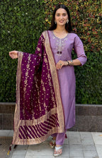 Lorenvalley Fashion Lavender Roman Silk Hand Work Kurta Pant with Dupatta | Grocsy