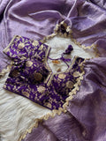 Lorenvalley Fashion Premium Lavender Tissue Crush Saree with Jacquard Weaving Stitched Blouse | Grocsy