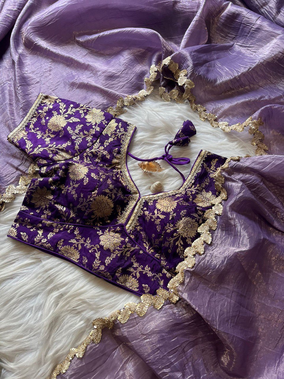 Lorenvalley Fashion Premium Lavender Tissue Crush Saree with Jacquard Weaving Stitched Blouse | Grocsy