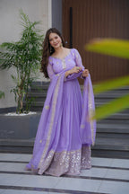 Lorenvalley Fashion Lavender Crunchy Silk with Embroidery Codding & Sequins Work Anarkali Gown with Dupatta | Grocsy