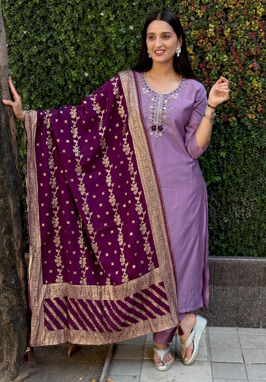 Lorenvalley Fashion Lavender Roman Silk Hand Work Kurta Pant with Dupatta | Grocsy