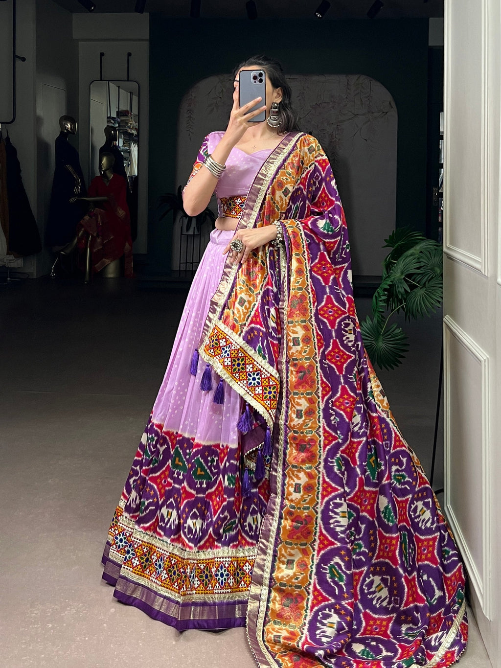 Lorenvalley Fashion Lavender Tasar Silk Print with Foil Work and Real Mirror Gamthi Work with Lace Touch Up Lehenga Choli with Dupatta | Grocsy