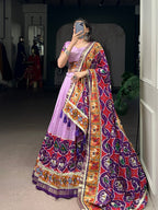 Lorenvalley Fashion Lavender Tasar Silk Print with Foil Work and Real Mirror Gamthi Work with Lace Touch Up Lehenga Choli with Dupatta | Grocsy