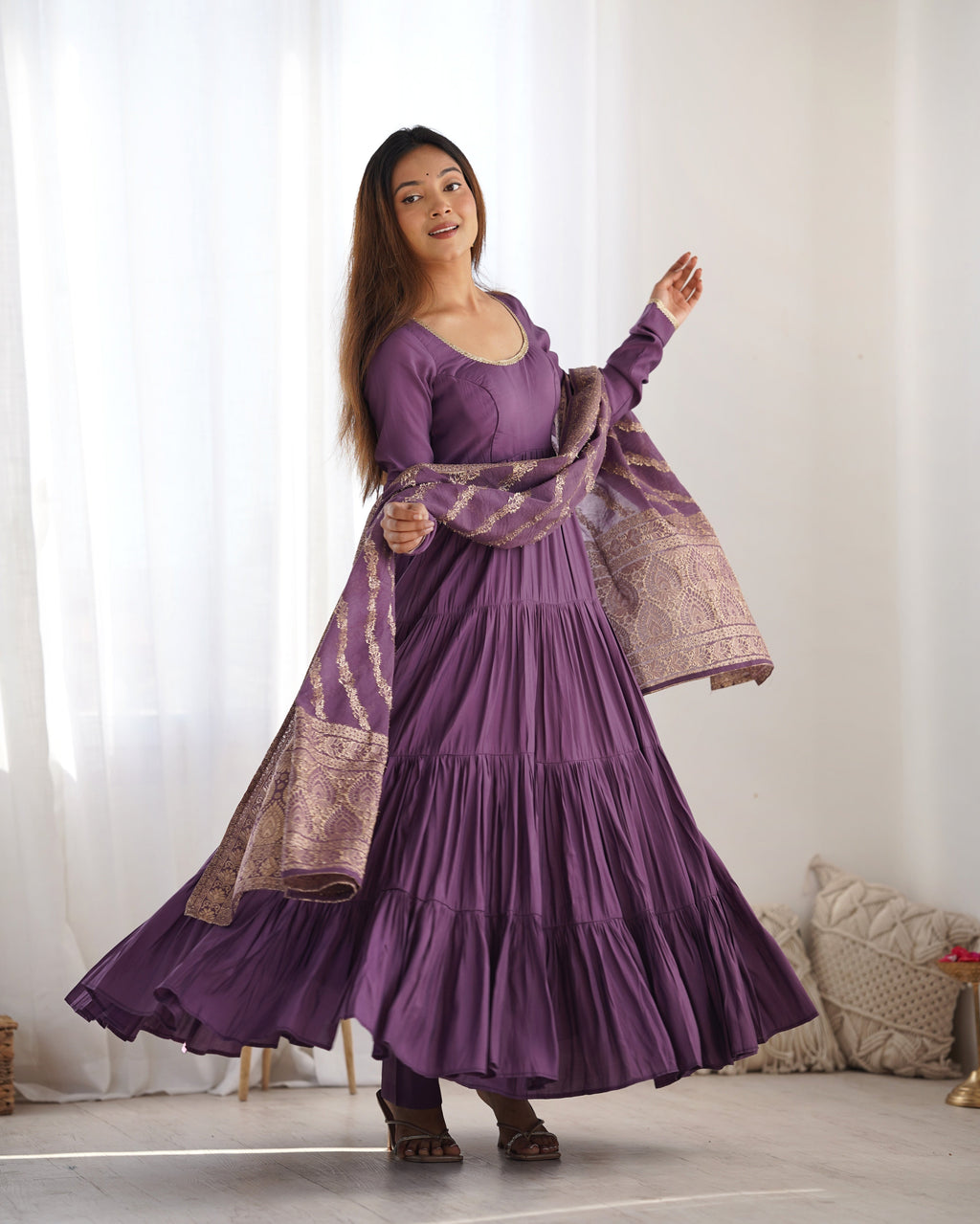 Lorenvalley Women Pure Roman silk Chanderi Fabric Layer Gathering Anarkali Kurta Pant With Dupatta Set - Lavender | Grocsy