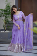 Lorenvalley Fashion Lavender Crunchy Silk with Embroidery Codding & Sequins Work Anarkali Gown with Dupatta | Grocsy