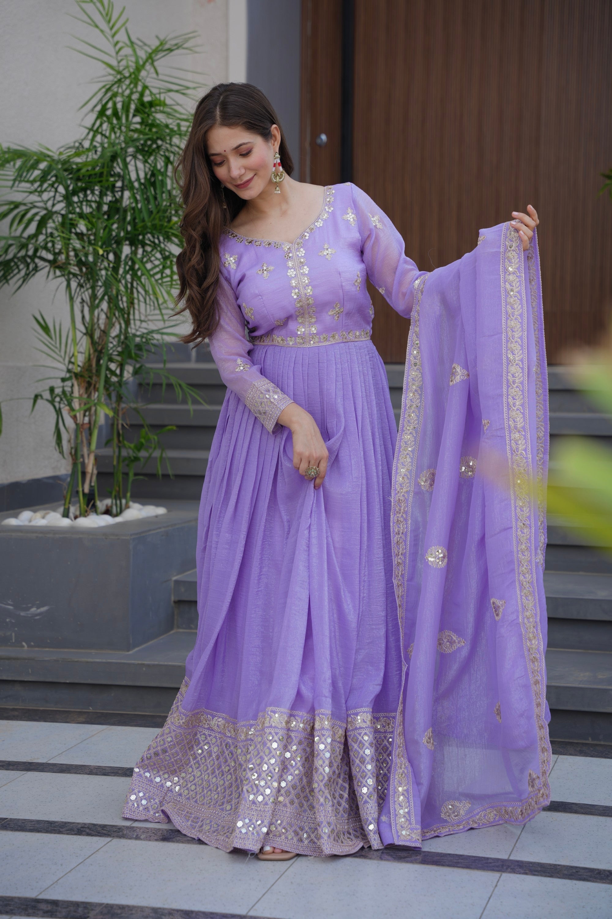 Lorenvalley Fashion Lavender Crunchy Silk with Embroidery Codding & Sequins Work Anarkali Gown with Dupatta | Grocsy