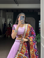 Lorenvalley Fashion Lavender Tasar Silk Print with Foil Work and Real Mirror Gamthi Work with Lace Touch Up Lehenga Choli with Dupatta | Grocsy