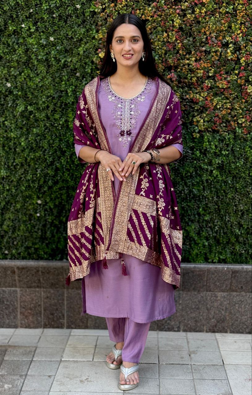 Lorenvalley Fashion Lavender Roman Silk Hand Work Kurta Pant with Dupatta | Grocsy