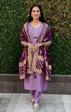 Lorenvalley Fashion Lavender Roman Silk Hand Work Kurta Pant with Dupatta | Grocsy