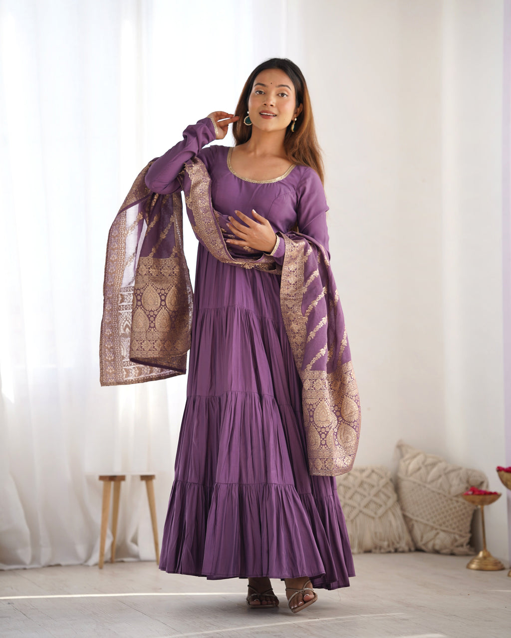 Lorenvalley Women Pure Roman silk Chanderi Fabric Layer Gathering Anarkali Kurta Pant With Dupatta Set - Lavender | Grocsy