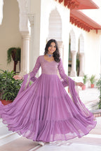 Lorenvalley Fashion Lavender Faux Georgette with Zari & Sequins Embroidered Work Anarkali Gown with Dupatta | Grocsy
