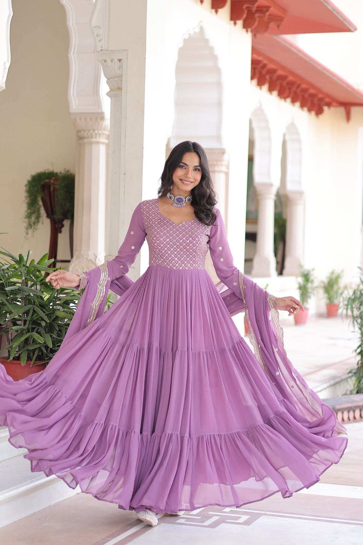 Lorenvalley Fashion Lavender Faux Georgette with Zari & Sequins Embroidered Work Anarkali Gown with Dupatta | Grocsy