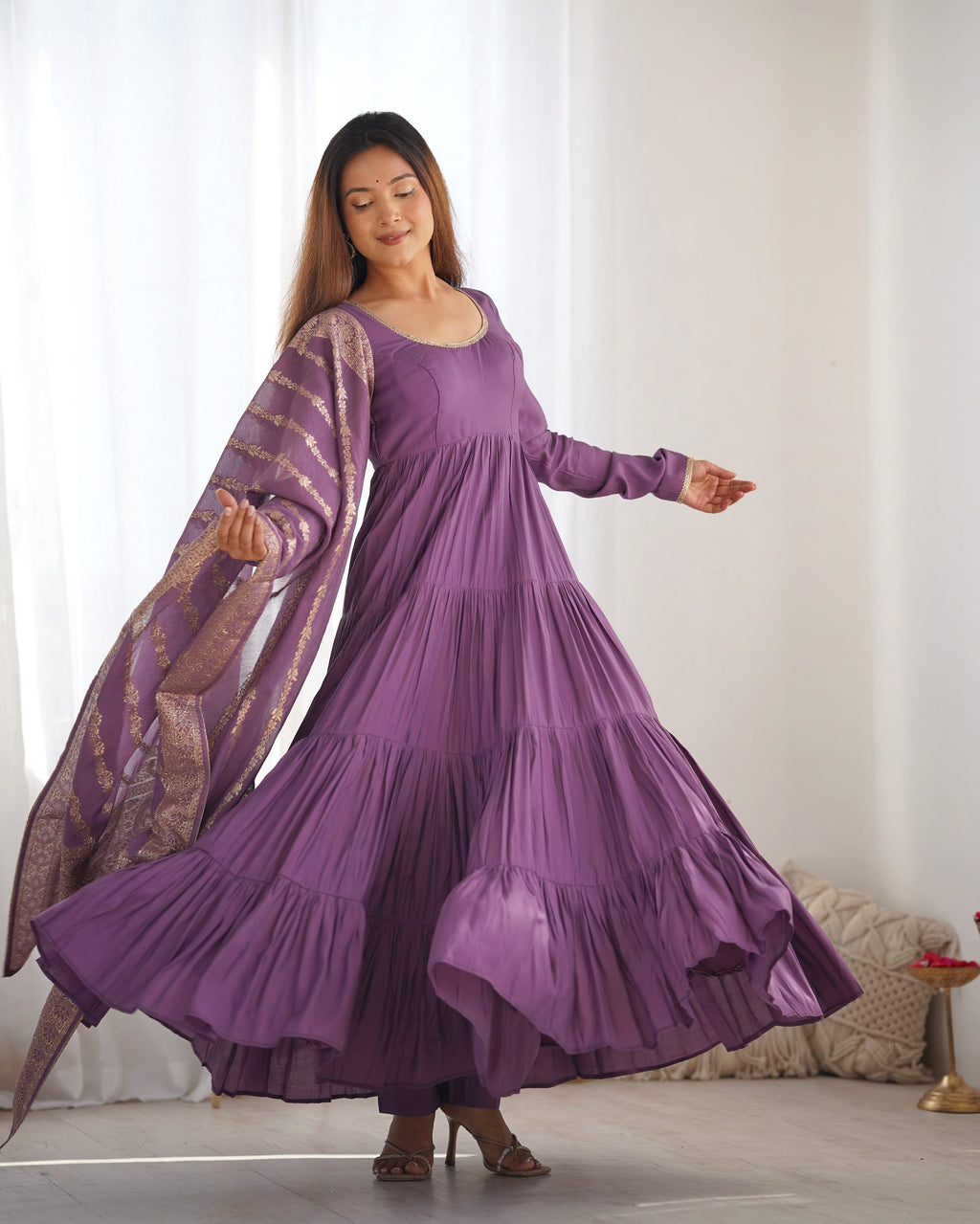 Lorenvalley Women Pure Roman silk Chanderi Fabric Layer Gathering Anarkali Kurta Pant With Dupatta Set - Lavender | Grocsy