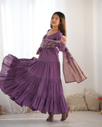 Lorenvalley Women Pure Roman silk Chanderi Fabric Layer Gathering Anarkali Kurta Pant With Dupatta Set - Lavender | Grocsy
