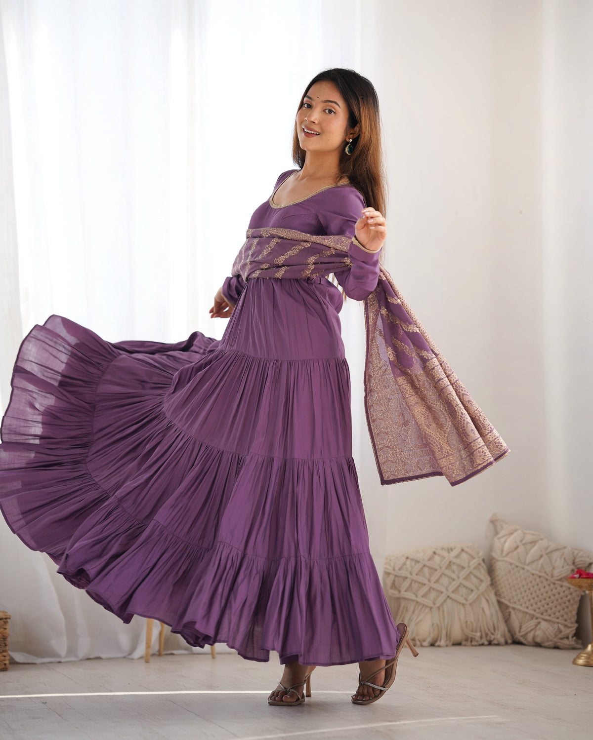 Lorenvalley Women Pure Roman silk Chanderi Fabric Layer Gathering Anarkali Kurta Pant With Dupatta Set - Lavender | Grocsy