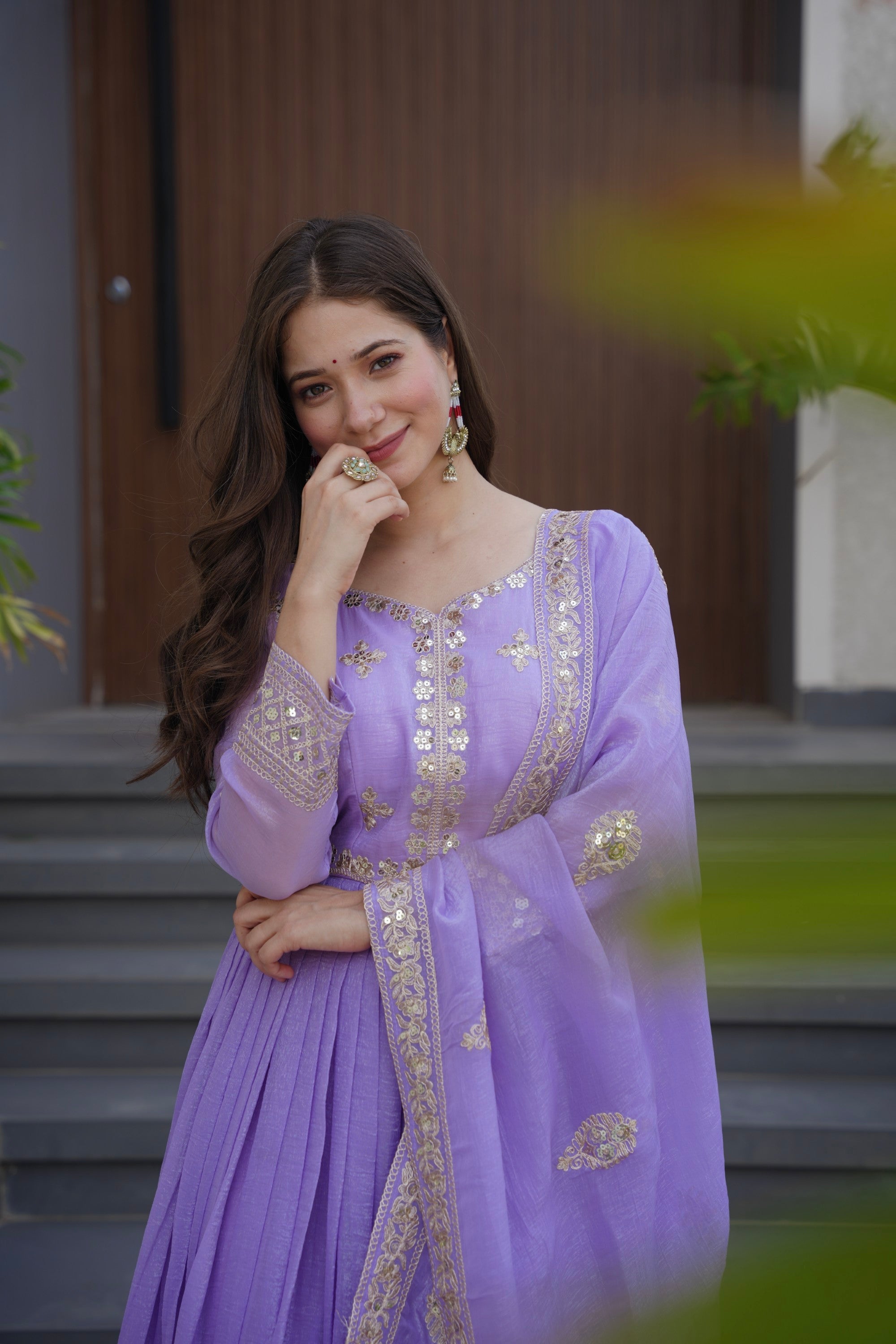 Lorenvalley Fashion Lavender Crunchy Silk with Embroidery Codding & Sequins Work Anarkali Gown with Dupatta | Grocsy