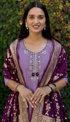 Lorenvalley Fashion Lavender Roman Silk Hand Work Kurta Pant with Dupatta | Grocsy