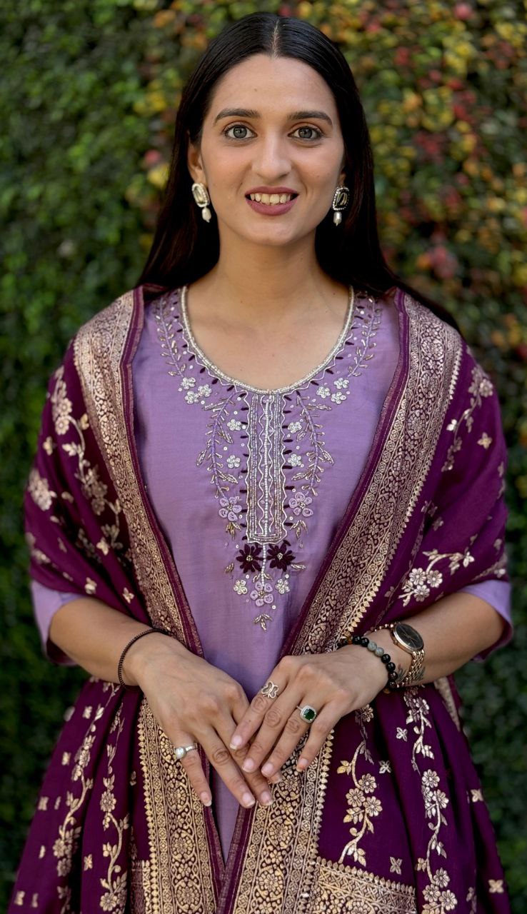 Lorenvalley Fashion Lavender Roman Silk Hand Work Kurta Pant with Dupatta | Grocsy