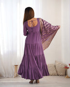 Lorenvalley Women Pure Roman silk Chanderi Fabric Layer Gathering Anarkali Kurta Pant With Dupatta Set - Lavender | Grocsy