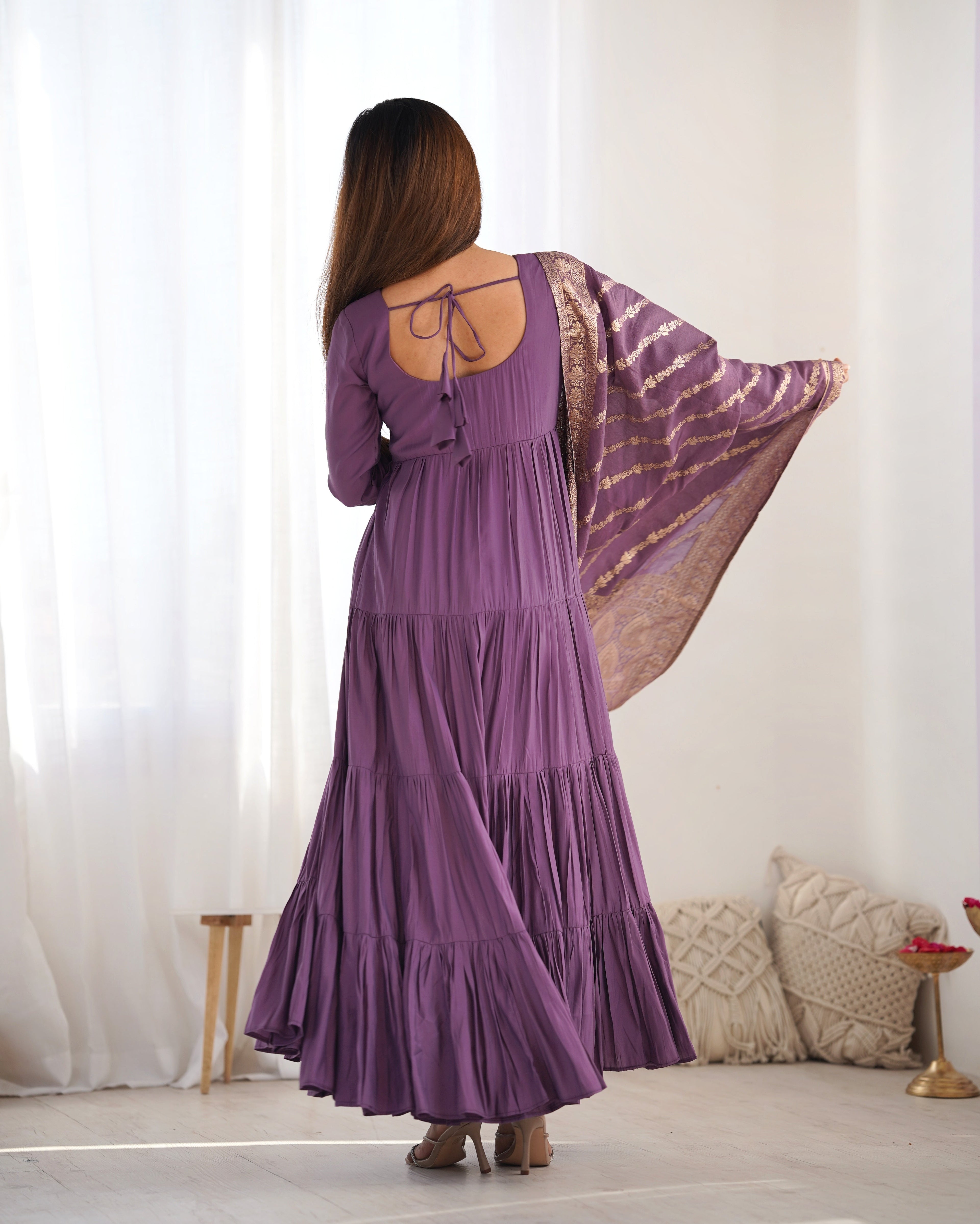 Lorenvalley Women Pure Roman silk Chanderi Fabric Layer Gathering Anarkali Kurta Pant With Dupatta Set - Lavender | Grocsy