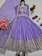 Lorenvalley Fashion Lavender Crunchy Silk with Embroidery Codding & Sequins Work Anarkali Gown with Dupatta | Grocsy