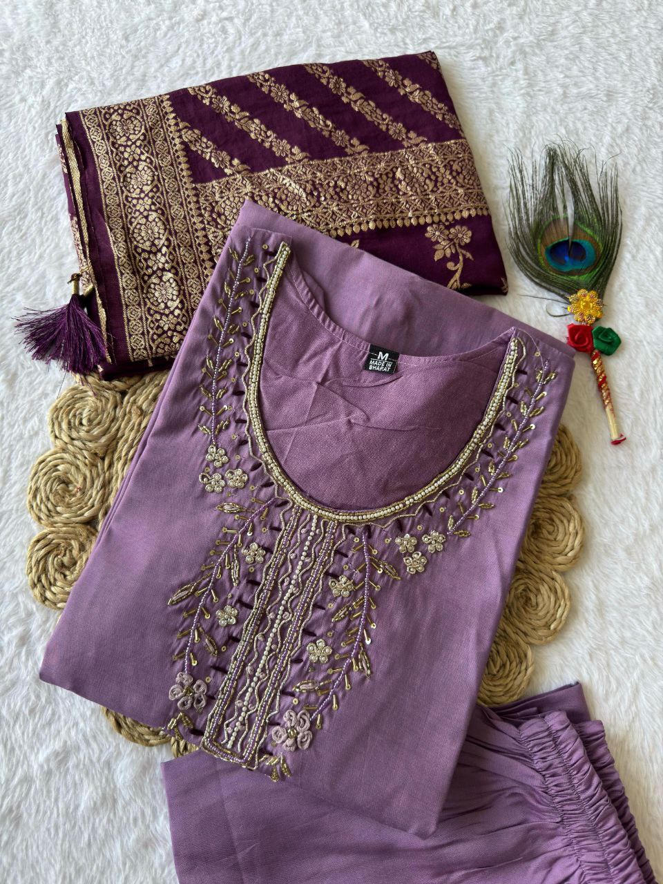 Lorenvalley Fashion Lavender Roman Silk Hand Work Kurta Pant with Dupatta | Grocsy