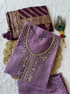 Lorenvalley Fashion Lavender Roman Silk Hand Work Kurta Pant with Dupatta | Grocsy