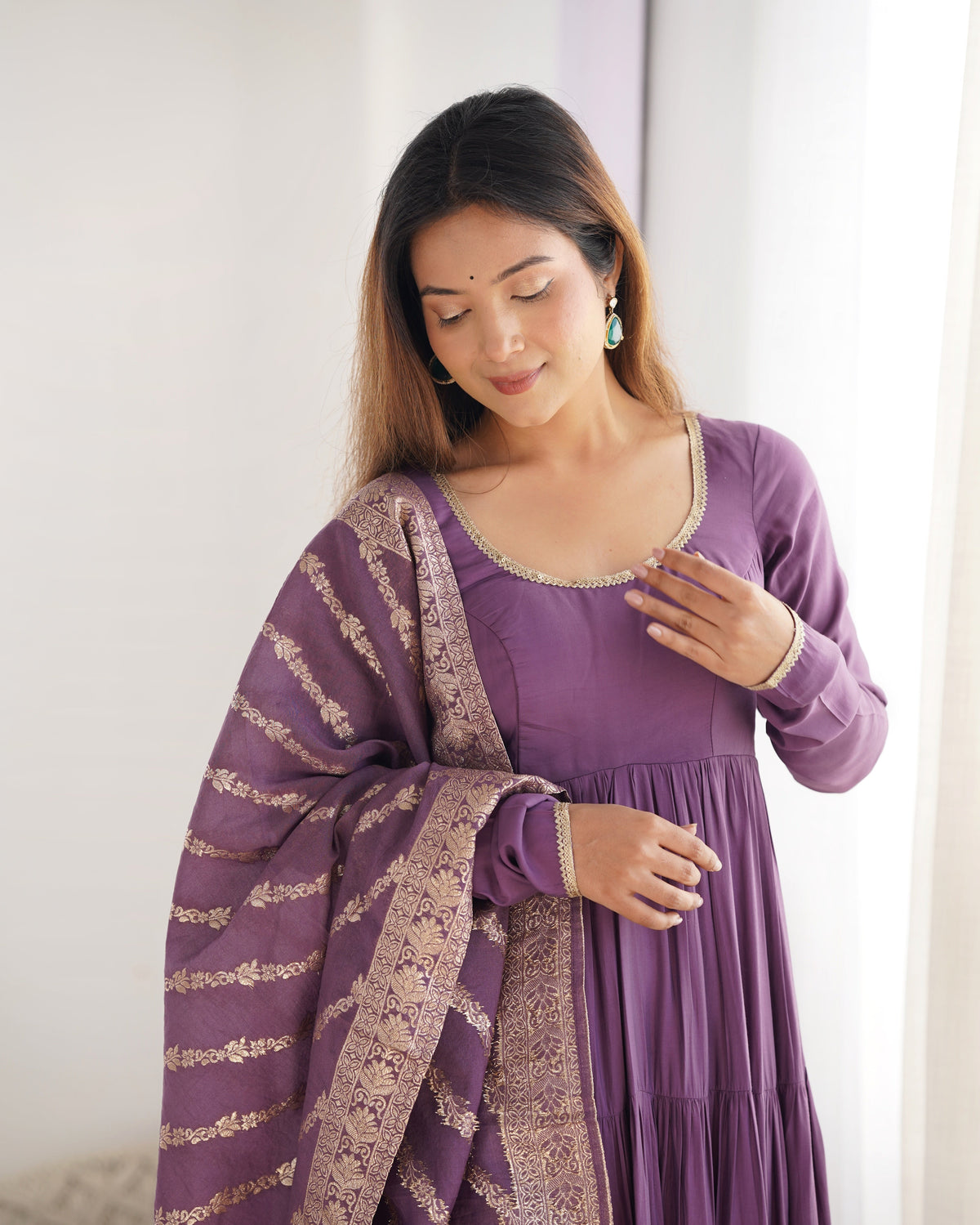 Lorenvalley Women Pure Roman silk Chanderi Fabric Layer Gathering Anarkali Kurta Pant With Dupatta Set - Lavender | Grocsy