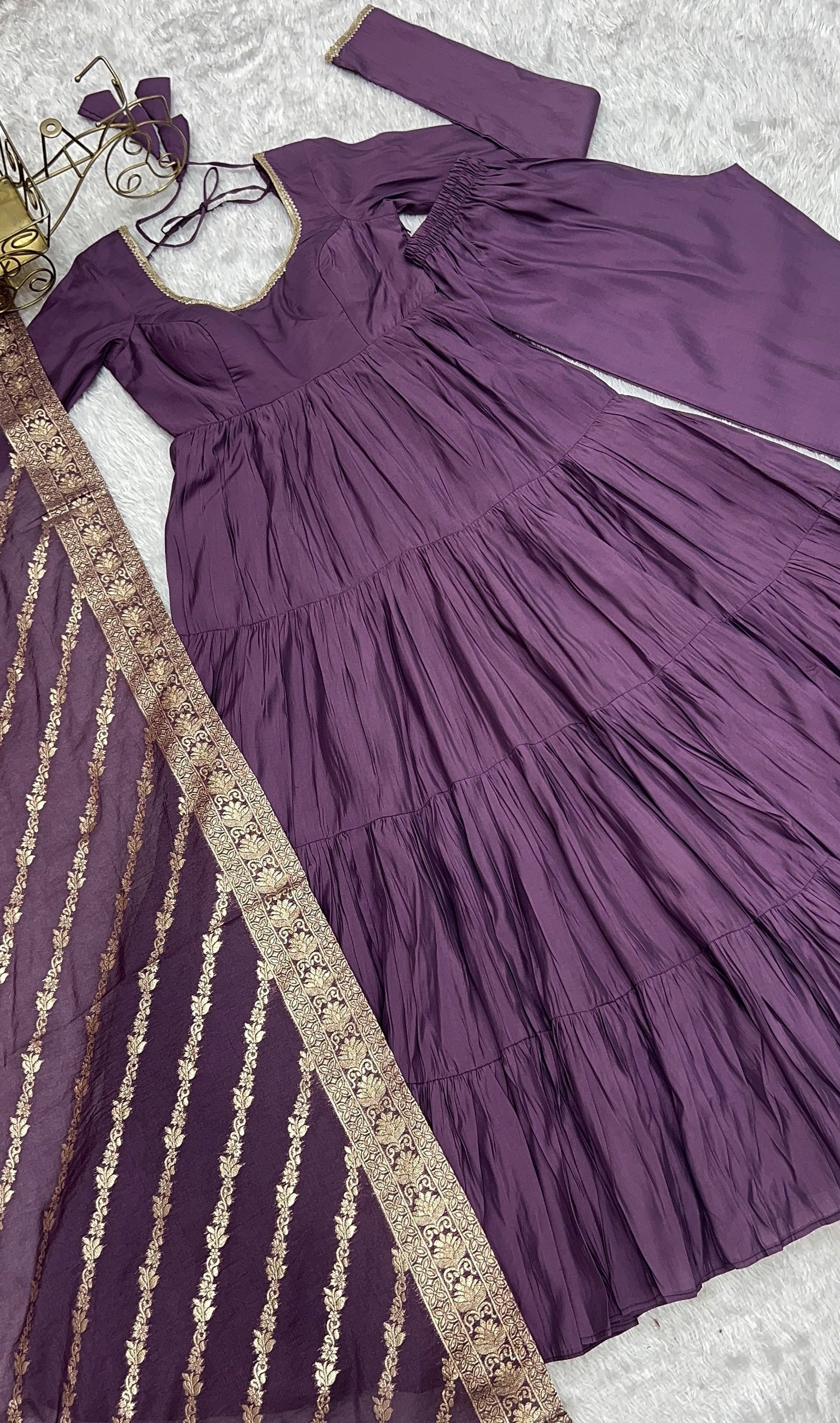 Lorenvalley Women Pure Roman silk Chanderi Fabric Layer Gathering Anarkali Kurta Pant With Dupatta Set - Lavender | Grocsy
