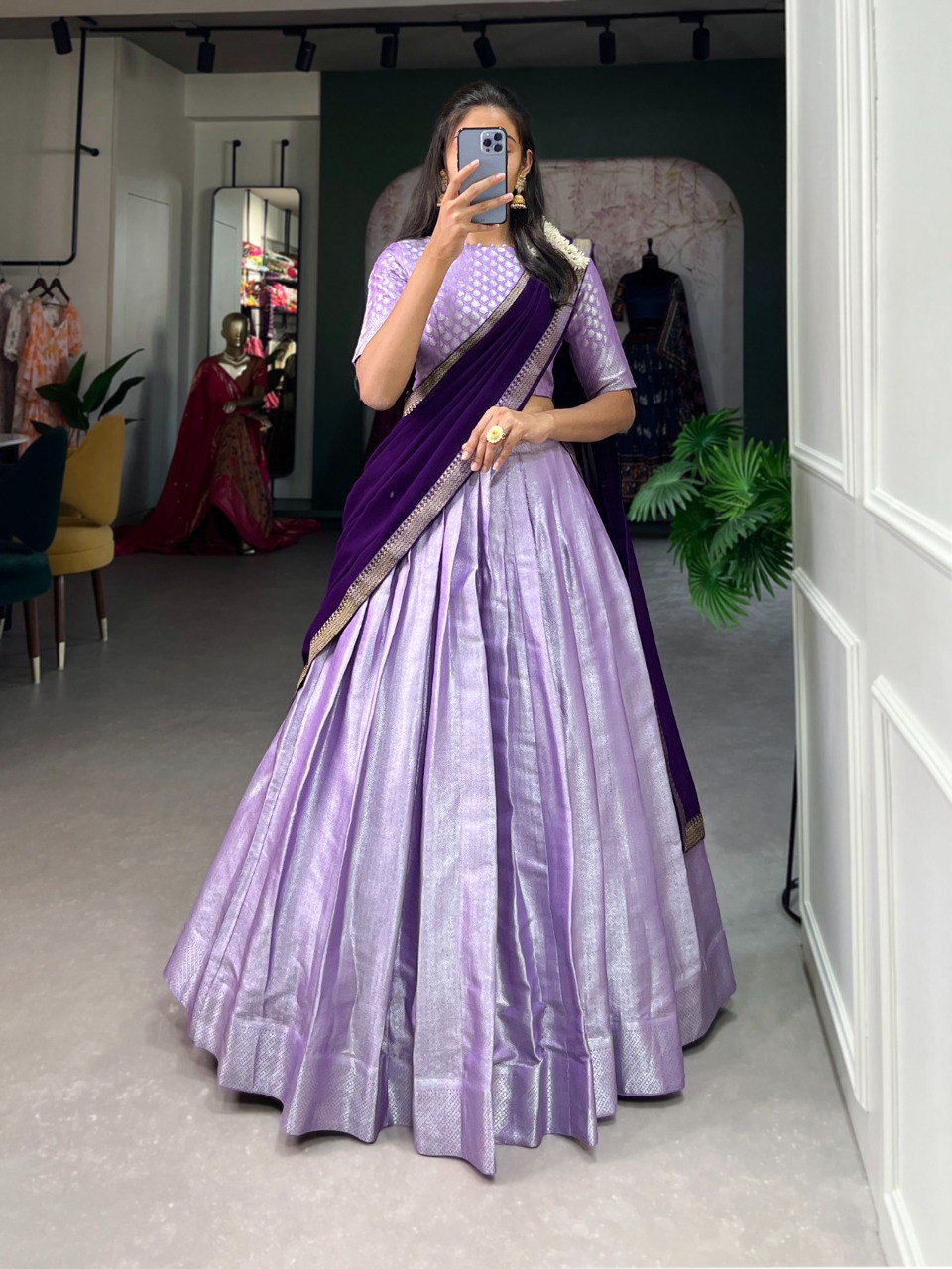 Lorenvalley Lavender Jacquard Silk Weaving Work Lehenga Choli with Dupatta | Grocsy