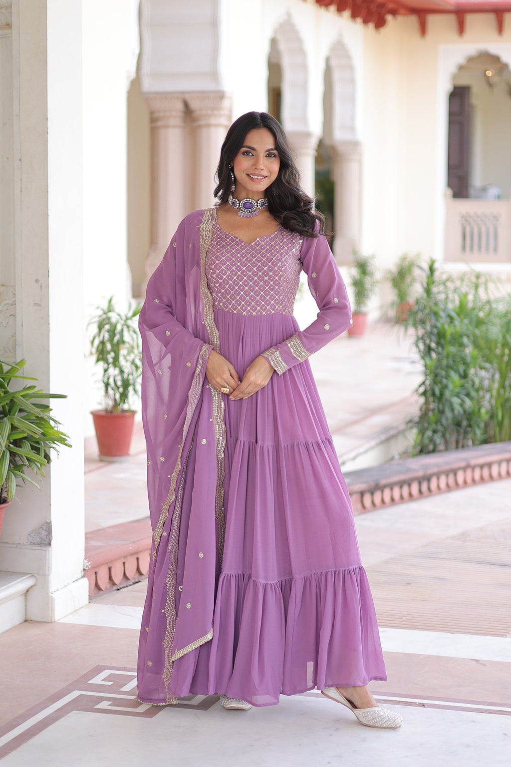 Lorenvalley Fashion Lavender Faux Georgette with Zari & Sequins Embroidered Work Anarkali Gown with Dupatta | Grocsy