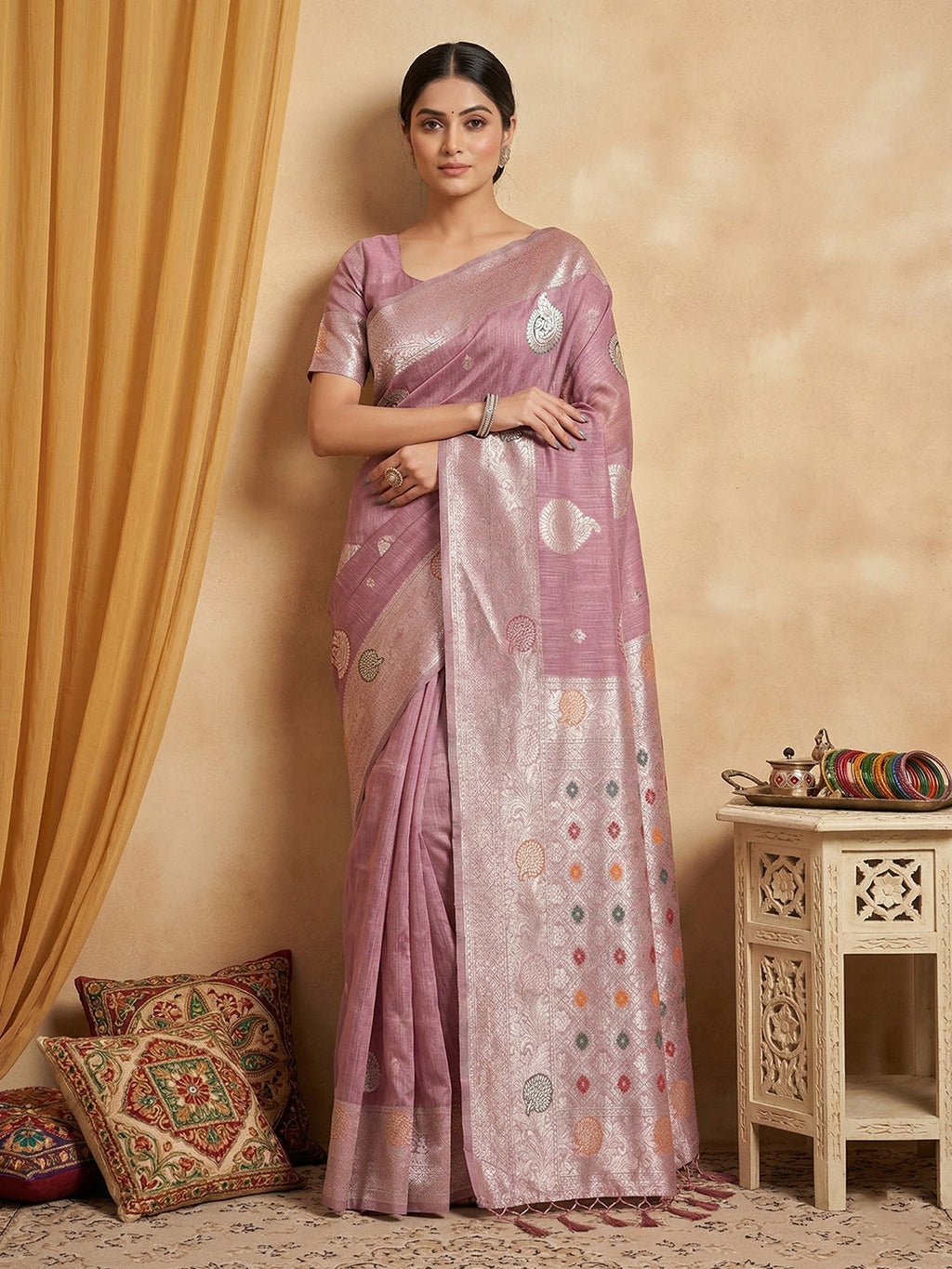 Anaita Lavender Linen Woven Work Saree With Blouse | Grocsy