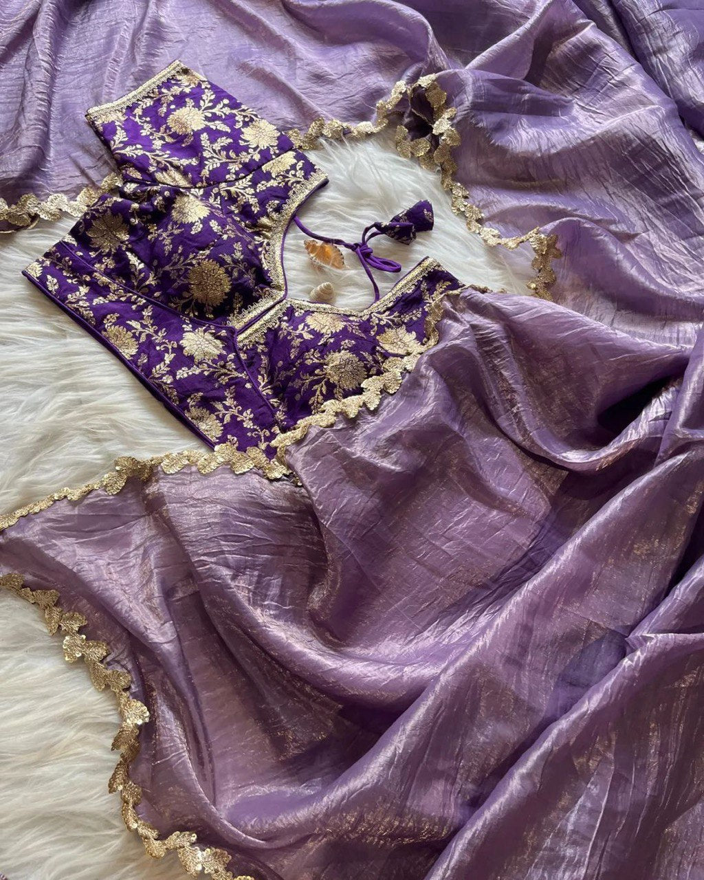 Lorenvalley Fashion Premium Lavender Tissue Crush Saree with Jacquard Weaving Stitched Blouse | Grocsy