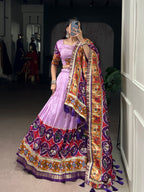 Lorenvalley Fashion Lavender Tasar Silk Print with Foil Work and Real Mirror Gamthi Work with Lace Touch Up Lehenga Choli with Dupatta | Grocsy