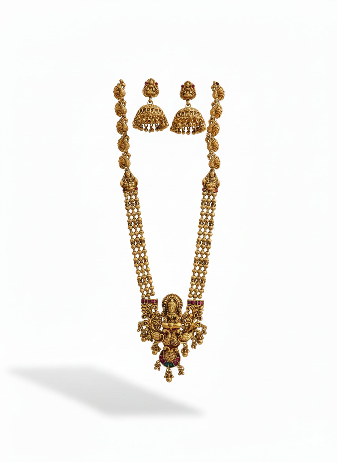 Jewel City Antique Gold-Plated Lakshmi Temple Long Necklace Set with Jhumka Earrings for Women | Grocsy