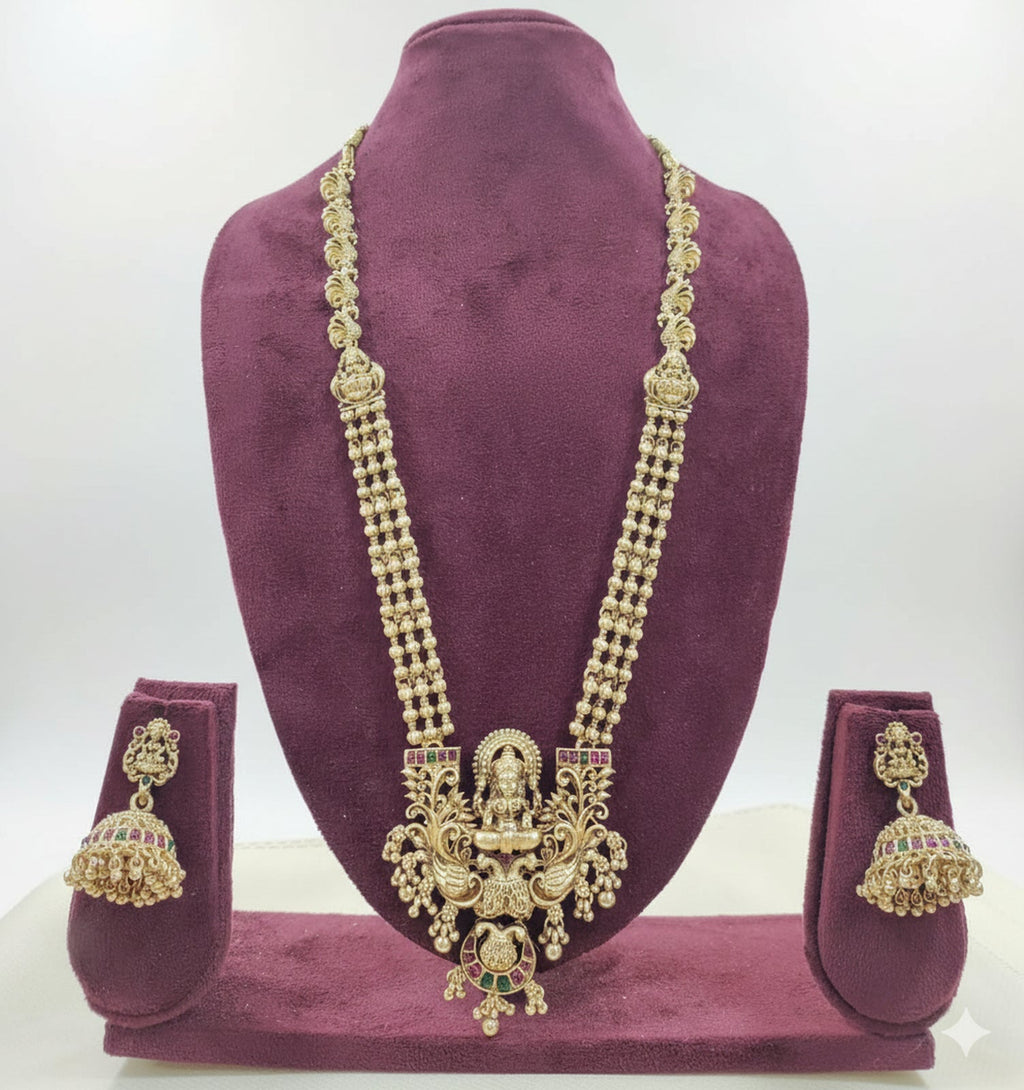 Jewel City Antique Gold-Plated Lakshmi Temple Long Necklace Set with Jhumka Earrings for Women | Grocsy