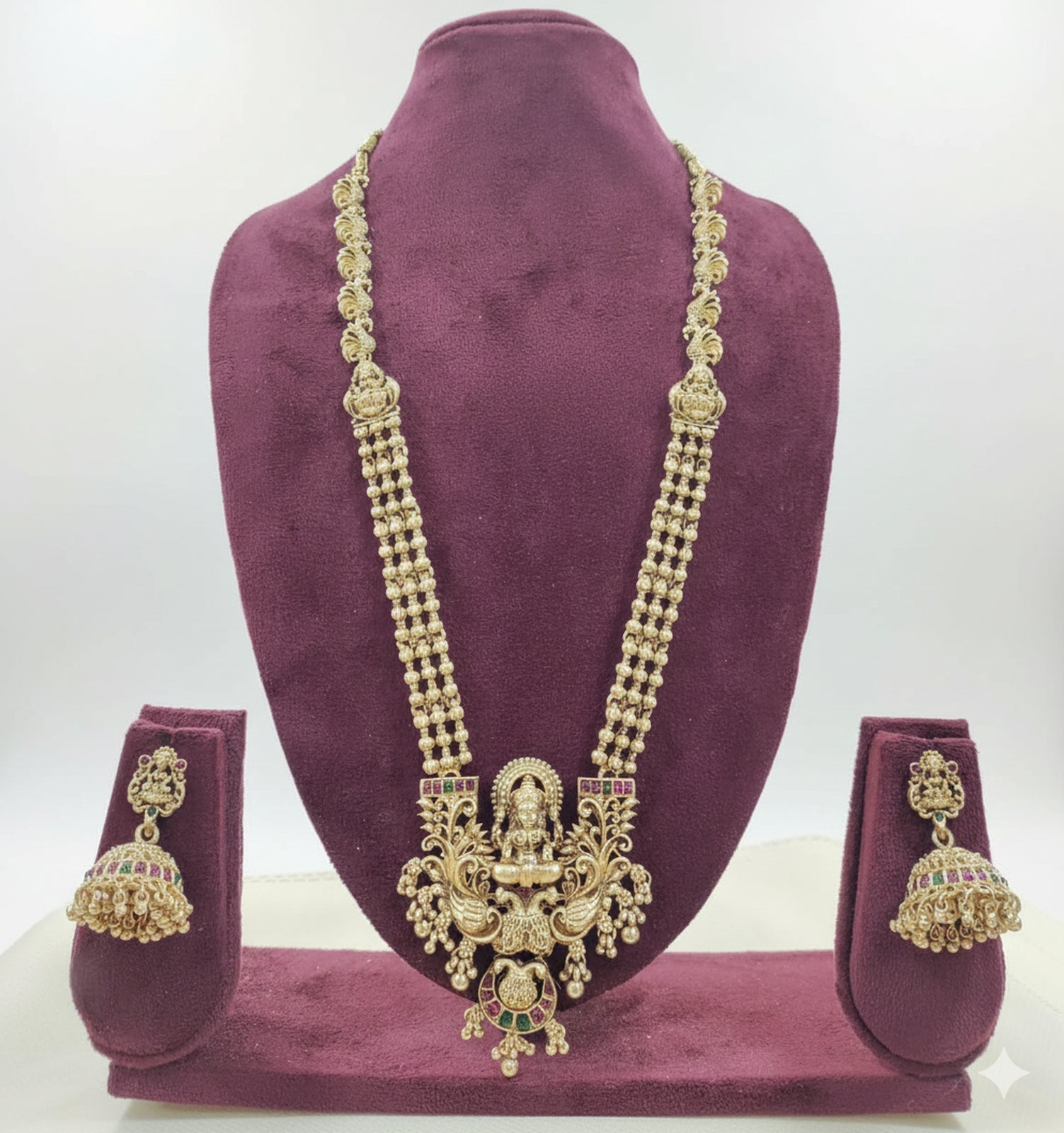 Jewel City Antique Gold-Plated Lakshmi Temple Long Necklace Set with Jhumka Earrings for Women | Grocsy