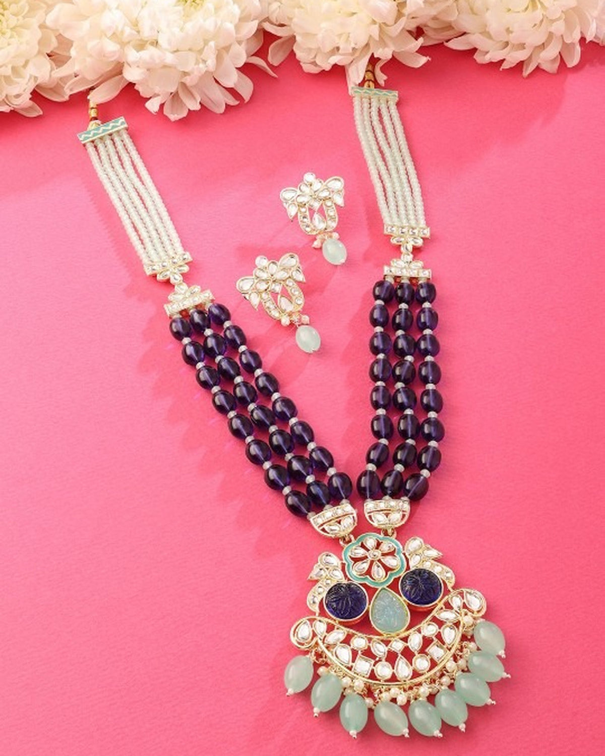 Jewel City Royal Blue Beaded Kundan Pendant Necklace Set | Mint Green Drop Beads | Traditional Gold-Plated Indian Jewelry Set | Grocsy