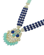 Jewel City Royal Blue Beaded Kundan Pendant Necklace Set | Mint Green Drop Beads | Traditional Gold-Plated Indian Jewelry Set | Grocsy