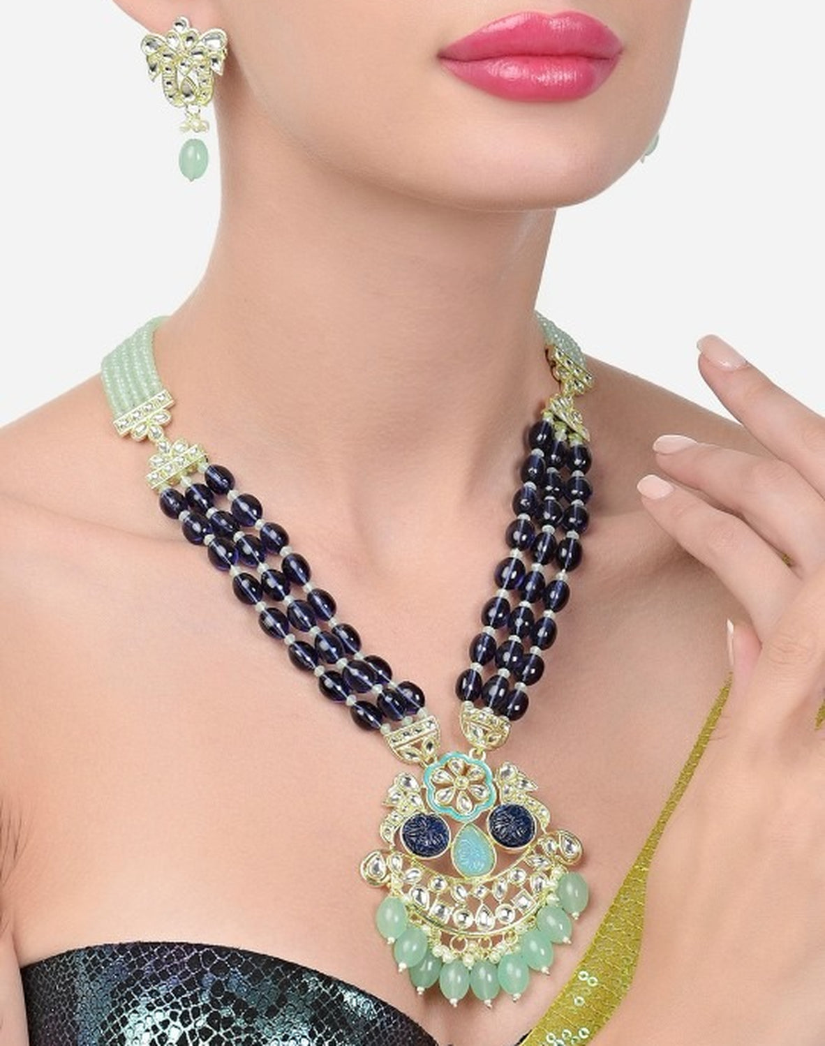 Jewel City Royal Blue Beaded Kundan Pendant Necklace Set | Mint Green Drop Beads | Traditional Gold-Plated Indian Jewelry Set | Grocsy