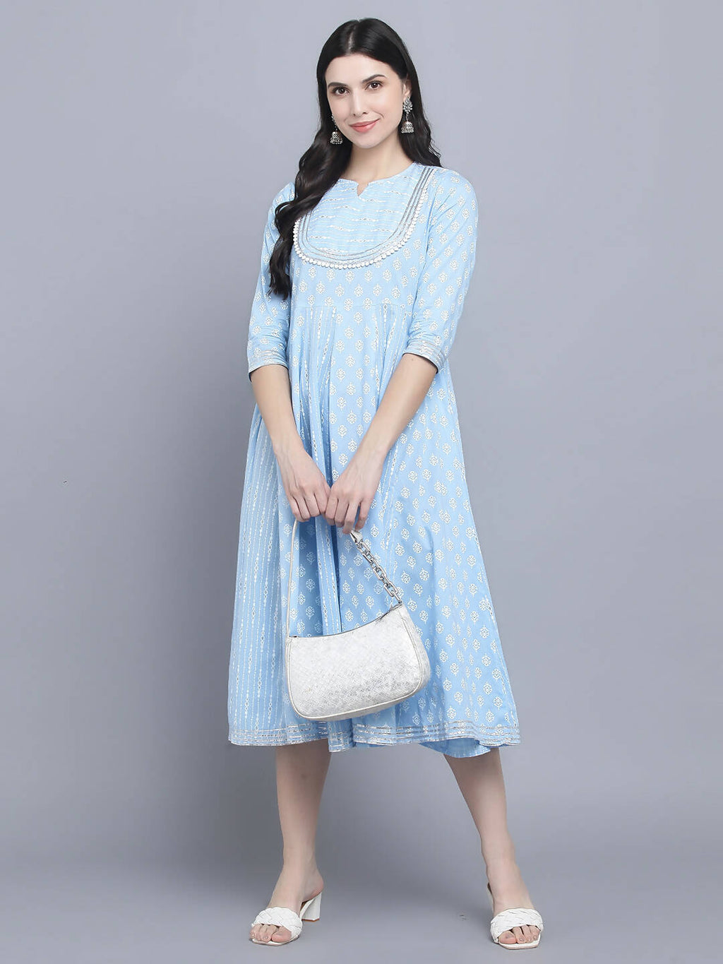 Myshka Women's Blue Ethnic Motifs Empire Midi Dress | Grocsy